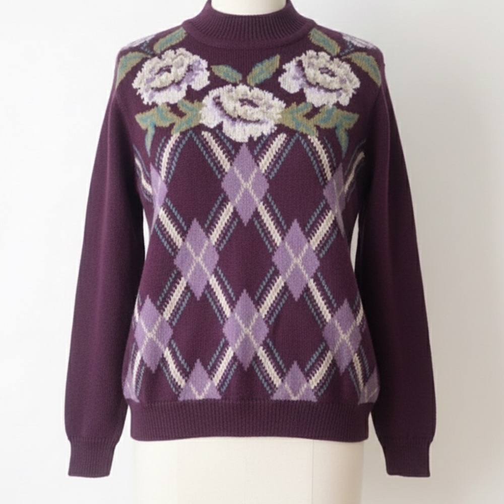90s Floral Argyle Sweater Plum Purple Intarsia Knit Made in Hong Kong Size S